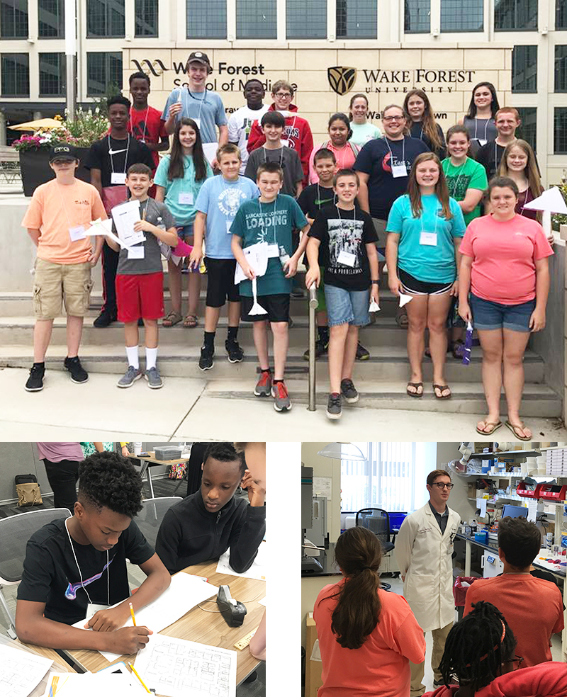 Montage of three images: group of students at 2017 CERTL STEM summer camp; two boys working on a team project at a table; and a group of students in red shirts listening to researcher during tour of Institute for Regenerative Medicine