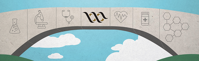 illustration graphic of grey bridge with medical icons carved on side and WFBH DNA logo in middle